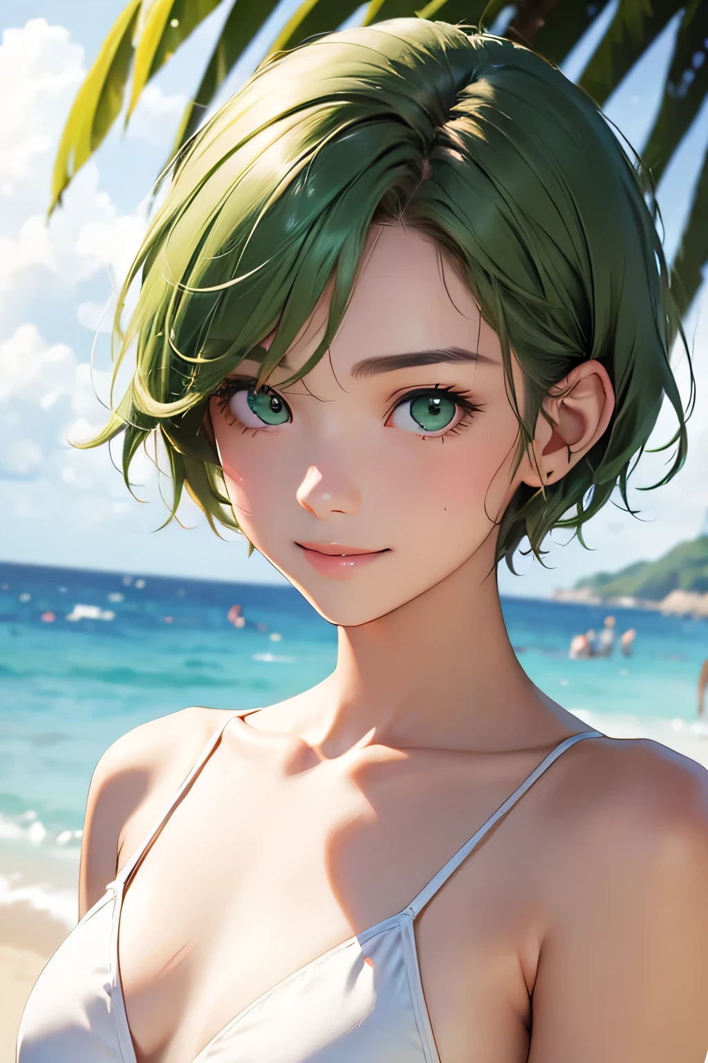 highest quality、Realistic、Women、Japanese、zoom、look up、cute、smile、Ocean、Light green eyes、Chestnut Hair、Short Hair、Swimwear、Face close-up、slender、Small breasts