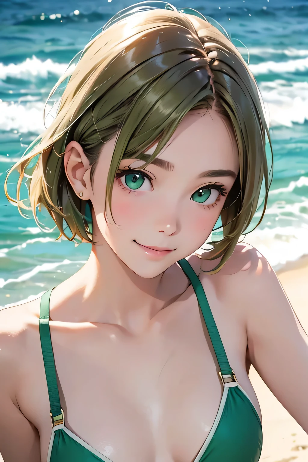 highest quality、Realistic、Women、Japanese、zoom、look up、cute、smile、Ocean、Light green eyes、Chestnut Hair、Short Hair、Swimwear、Face close-up、slender、Small breasts