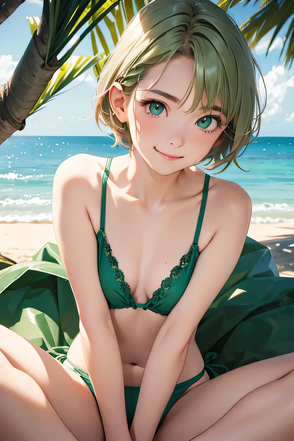 highest quality、Realistic、Women、Japanese、zoom、look up、cute、smile、Ocean、Light green eyes、Chestnut Hair、Short Hair、Swimwear、Face close-up、slender、Small breasts