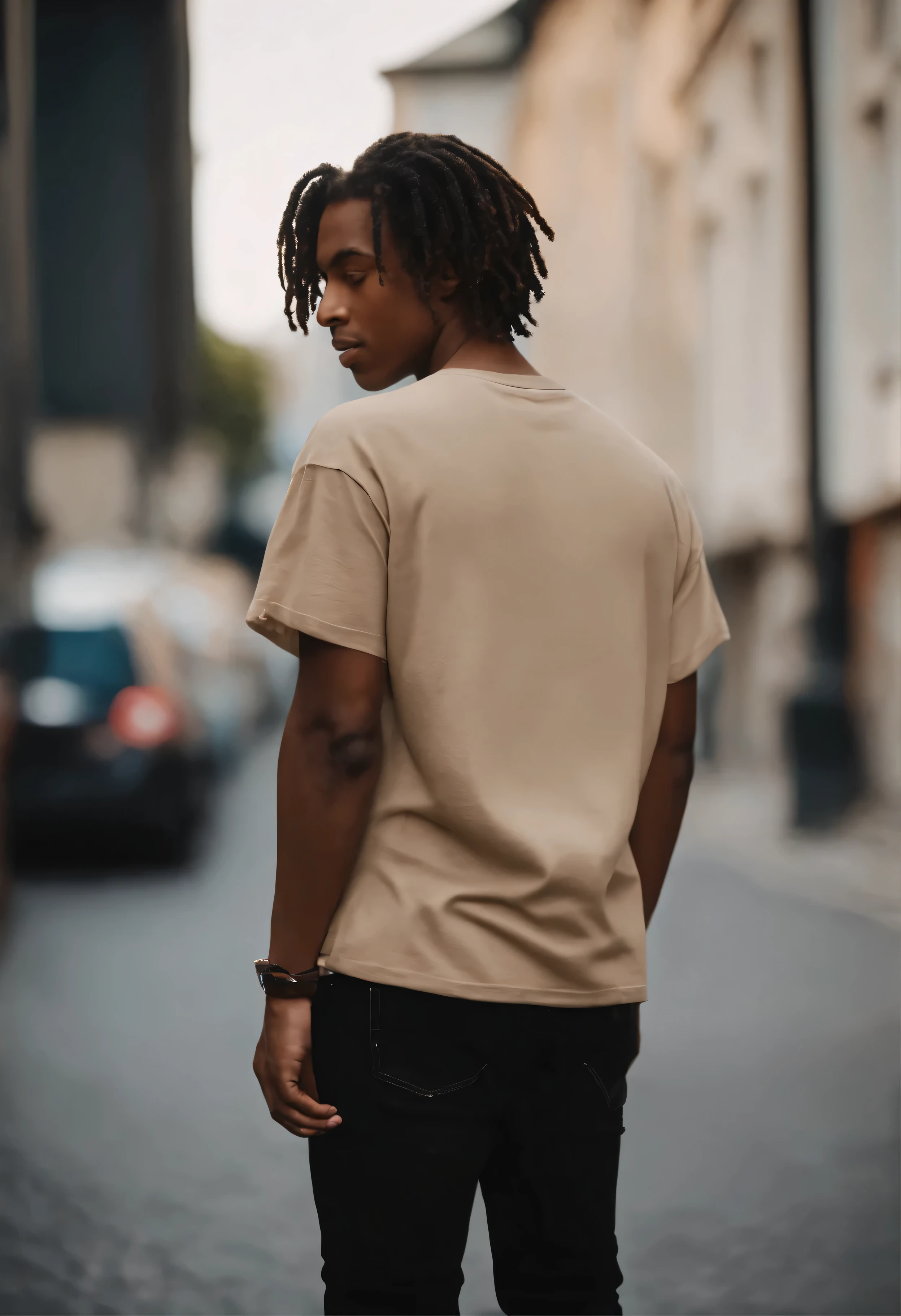 male, man, 18 year old, beige oversize t-shirt, back view, short dread hair, wide black jeans