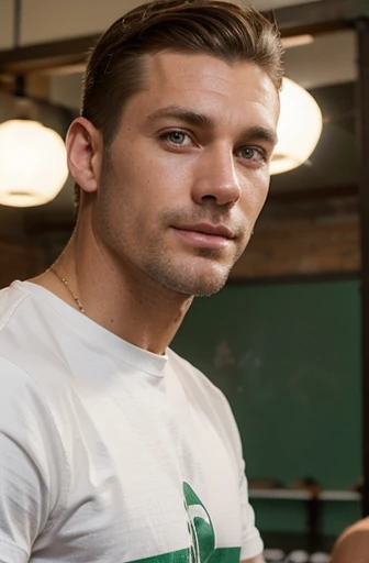 handsome 40 year old desirable caucasian man with distinguished features, playing a red drum kit, wearing a white tee shirt, athletic build, tall height, light brown medium length hair, clean cut haircut, (shaved face), (intriguing green eyes), seductive smile with a gentle expression, detailed depiction of facial features, perfectly symmetrical face, crisp details, ultra-fine rendering, studio lighting which masterfully accentuates his excellent features,