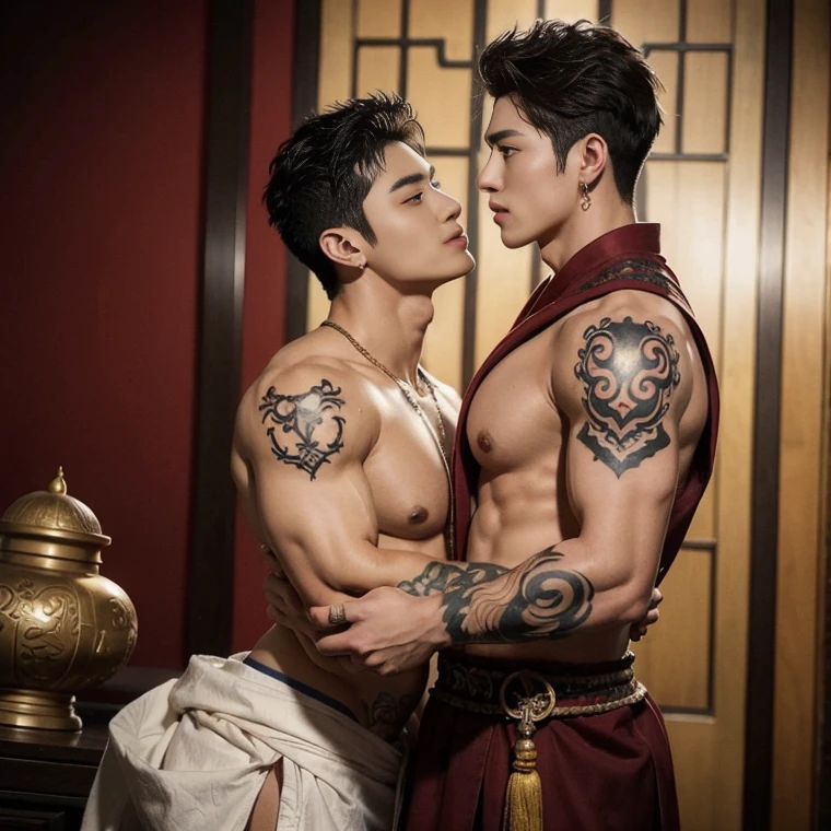 Two  handsome boys kissing, smiling at each other, catching eyes ,hugging, kissing, touching lips, cuddle, romantic,skin ship, Chinese Men God, Mythology, realistic, Chinese odyssy, super Handsome,manly,  kpop idol, handsome korean actor, 20 years old,, detailed face, manly jawline, manly chin, detailed mess curly styling hair,  Topless, Muscles, big breast Athlete body, Full Frame,full body shoots, Sexy, realistic, human skin, tattoo breast, Professional studio Lighting, long red tibet wedding Outfit, jade and golden pendent all over , detailed jewery in dress, earings,Chinese ancient temple Background,out door, super detailed background,look at camera ,  open mouth, sexy Underneathe Underwear, tibet Warrior, Hanfu  red wedding dress,  tibet Male, tibet Nobel, Seduce , bare chest , tattoo chest, tattoo arms, tattoo hands, tattoo back, tattoo legs , detailed tattoos, big juicy butts, bare butts