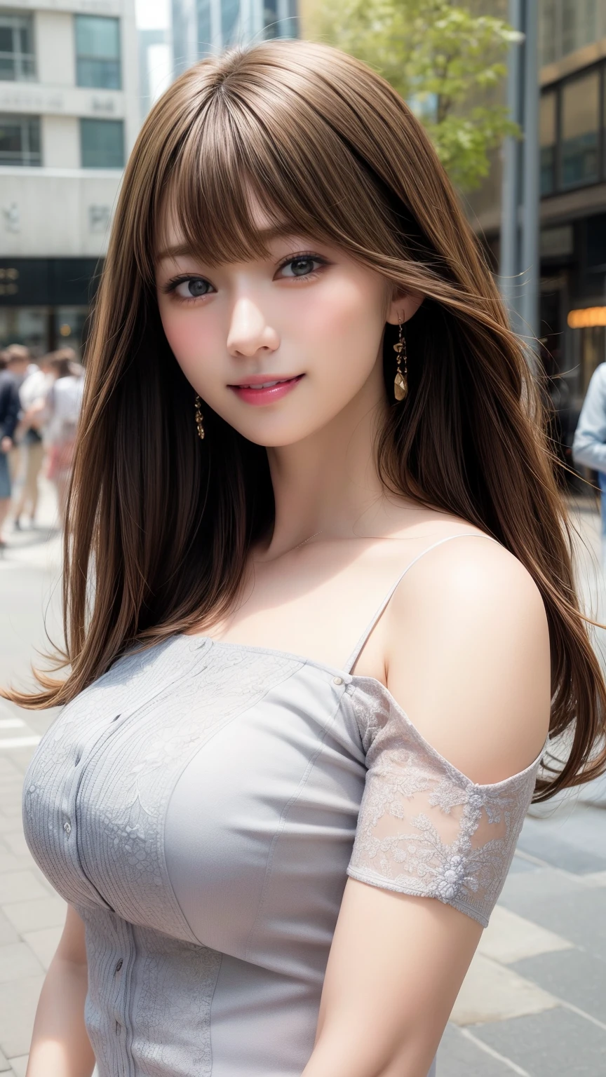 Upper body photo、Take close-up photos of your face、Large Breasts、 Large Breastsの谷間, Natural Lip、Fair skin、Great light、Beautiful lighting、Hair swaying in the wind、((Straight Hair:1.2))、Brown Hair、Blunt bangs、Detailed embroidery、Off-the-shoulder dress、Gorgeous Accessories、Outdoor Background、smile、かわいいsmile、Crowds in the city