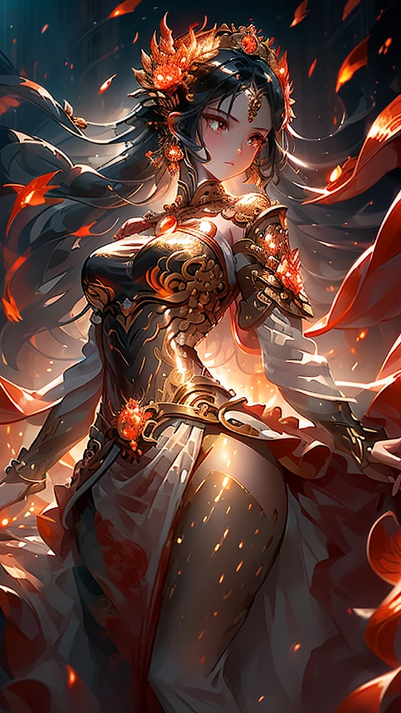 (Absurd, High Resolution, Super Detailed) 1 Girl, Clad in a Long Skirt and Long Sleeve, Radiates an Elegant and Richly Colored Baroque Aura, Embodying the Solitary and Mature Goddess Aries. Her Upper Body is Captured in an Unmatched High Detail, with each Line and Curve Finely Etched. Her texture-defying Hair, Bravely Basking in the Sunset, Boasts a Capricious Texture, Sparking a Sense of Enterprising Efficiency and the Humanitarian Spirit. Her Fire Eyes, Rife with Brave and Determined Energy, Captivate