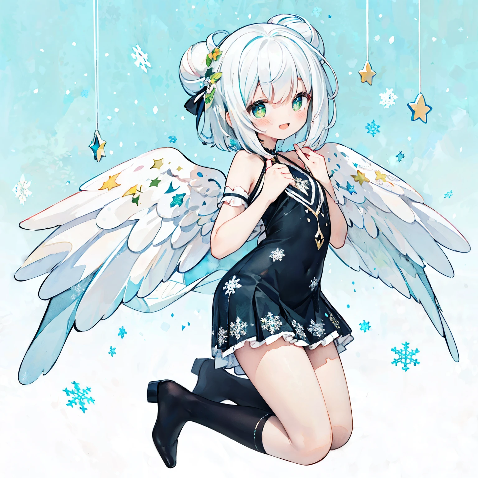 1girl in:1.5、(PastelColors:1.3)、(Cute illustration:1.3)、(watercolor paiting:1.1)、(Wearing large transparent angel wings with polka dots。。:1.3)、A smile、Hands under the chin、
Detailed background、Smile with open mouth、Beautifully detailed、Moya、colourfull、marble、Particles of light、patterns、looking left、Shirayuki Noel、Snowflake、Diamond Dust、White hair、Bun head、jumpping、levitation、full body Esbian、masterpiece, best quality, extremely detailed, anime,cross-shaped pupils, (Sweat:0.7),Light Santa costume,red short skirt,Woman,Exquisiteface, Beautiful face,shoulders,Shoulders slightly Translucent skin,green eyes,Black hair,smile,(Photorealistic:1.4),Realistic details, High resolution,Bokeh,excellent details,
Detailed drawing、Vibrant colors、striking contrast、intricate detailes、Delicate depiction、Luminescent、From the side、Beautiful facial features、Brightly colored eyes、Wearing intricate and delicate ornaments、glowing aura、Radiant hair,Illuminated by the morning light、winter wreath、Pale light blue background、Fairy with a bouquet of flowers、Fancy Fairy、White hair、Bun head、jumpping、levitation、full body Esbian、