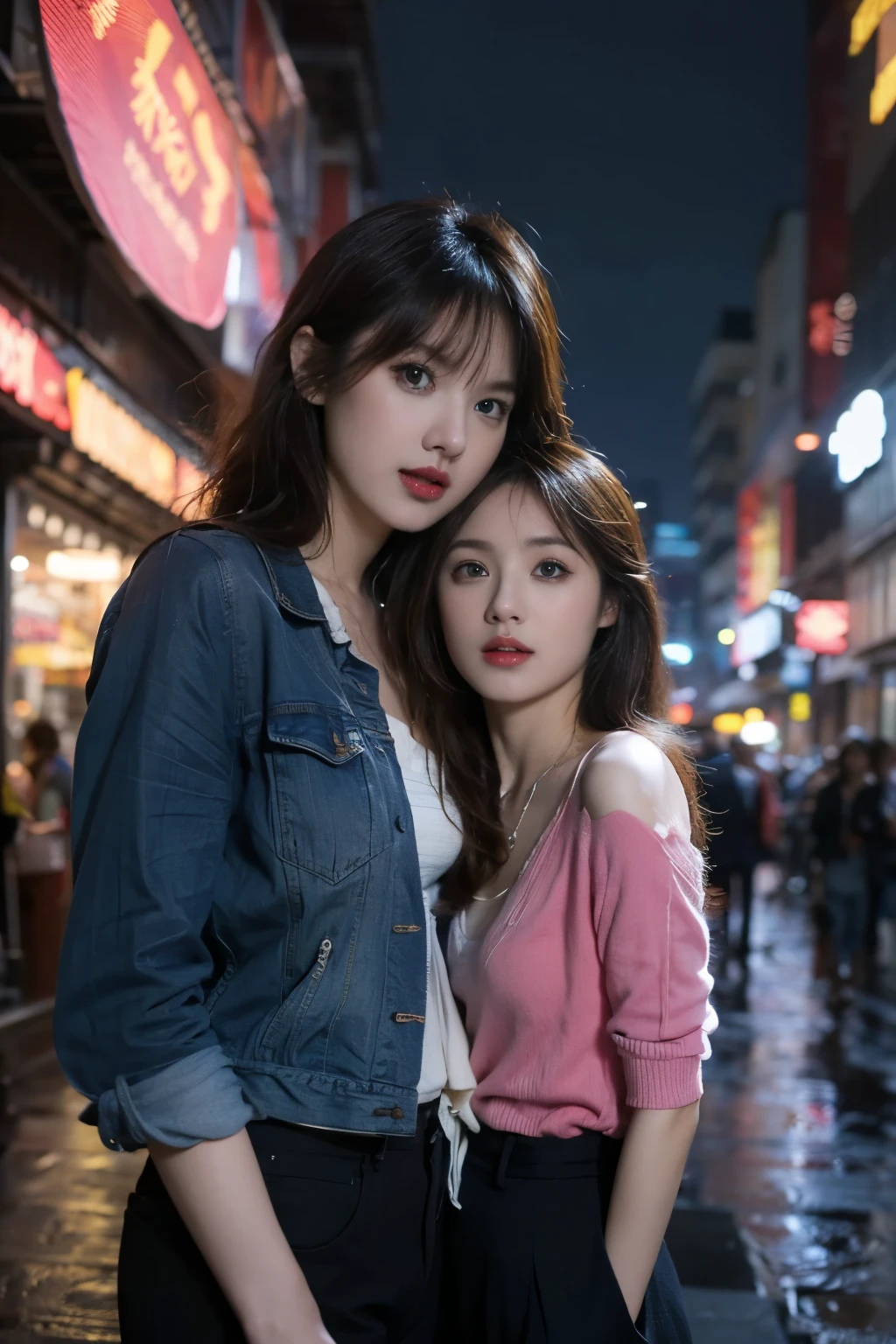 All faces must be different,super big eyes,POV, by lee jeffries, nikon d850, film stock photograph ,4 kodak portra 400 ,camera f1.6 lens ,rich colors ,hyper realistic ,lifelike texture, dramatic lighting , cinestill 800,two girls,super big eyes,beautiful faces,sisterhood,dynamic pose, wear tanktop, photoreal fantasy art game art, 