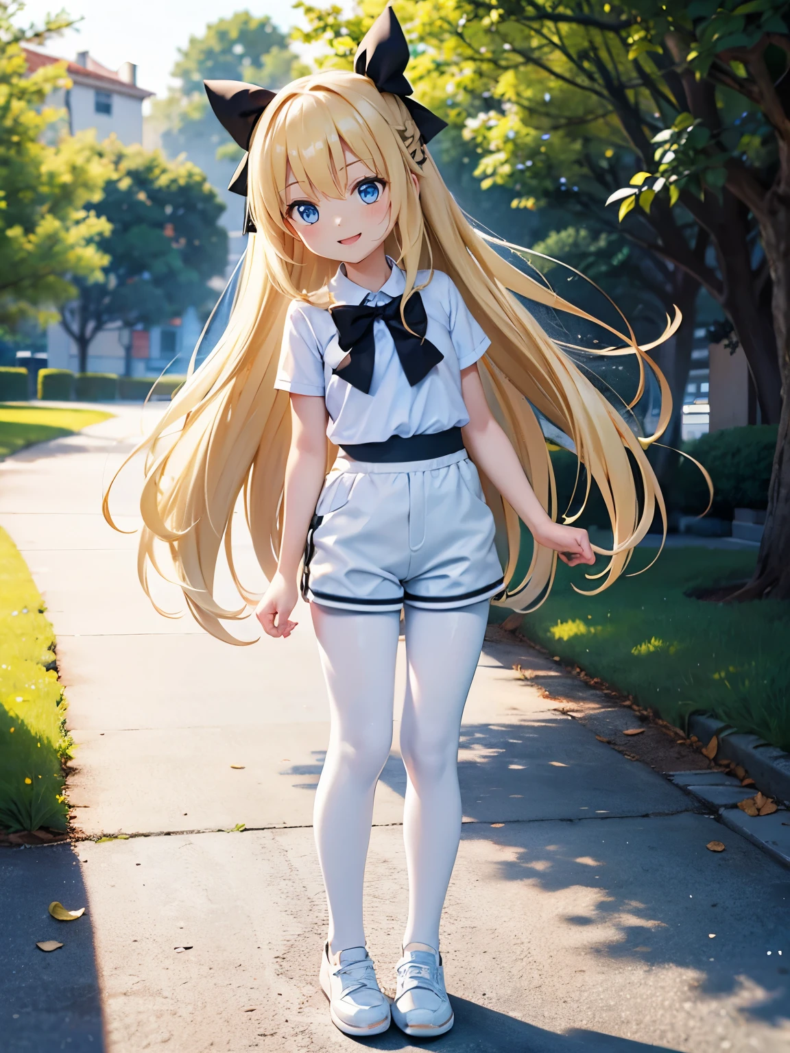Blonde, long hair, blue eyes, black hair bows, two bows, light blue shirt, white shorts, black leggings, happy, cheery, day, outside, white shoes, flat, short, standing 