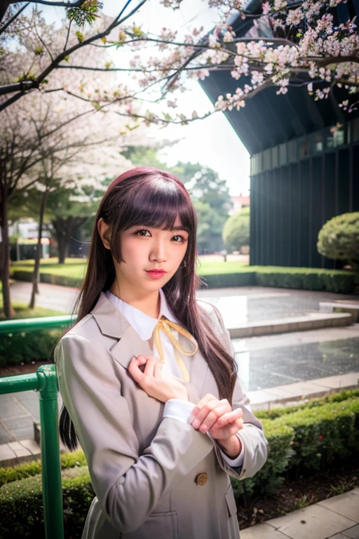 best quality, ultra high res, (photorealistic:1.4), 1girl, expressionless, gokou ruri, gokou_ruri, gokou_ruri_normal, perfect hand, perfect finger, upper body, close range, city park, cinematic lighting, sun ray, lens flare, komorebi, cherry blossom, graduation ceremony