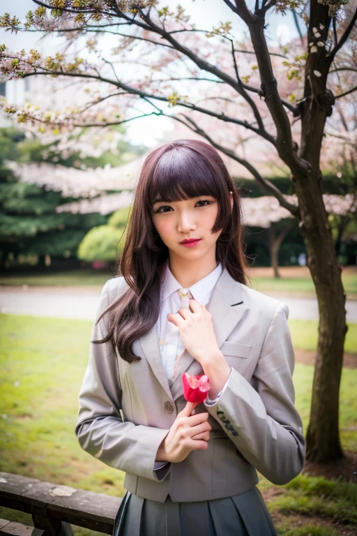 best quality, ultra high res, (photorealistic:1.4), 1girl, expressionless, gokou ruri, gokou_ruri, gokou_ruri_normal, perfect hand, perfect finger, upper body, close range, city park, cinematic lighting, sun ray, lens flare, komorebi, cherry blossom, graduation ceremony