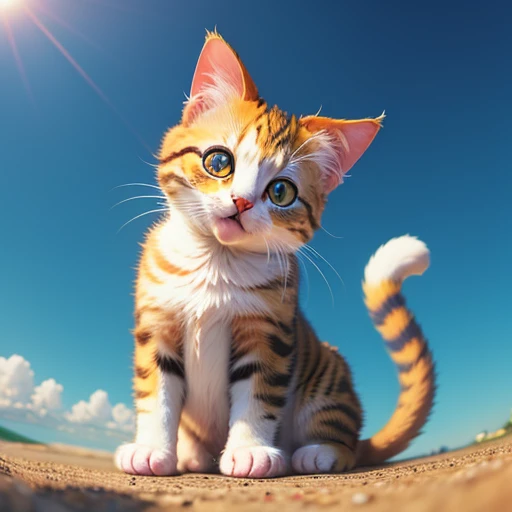 An absolutely adorable cat with soft fur and large, wide, expressive eyes is mottled and tackling in the golden sunshine.