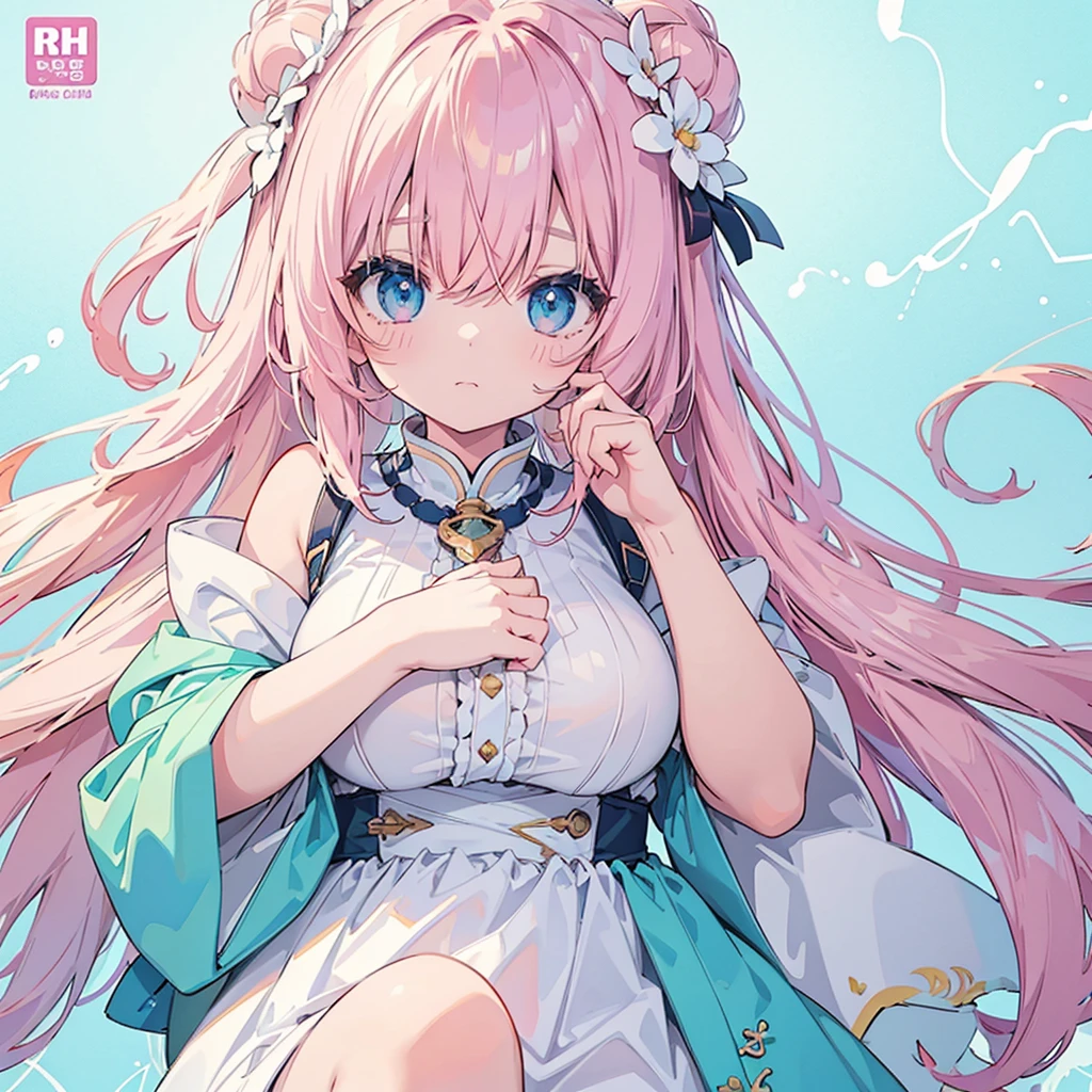 highest quality、masterpiece、High resolution、8k、pastel colour、Anime style girls、Light clothing、One Girl、(cover your cheek with your hand): 1.4、Detailed line drawing、Bright white and bright amber styles、Digital Enhancement、Anime Core、Flowing fabric、Close-up、Hair length and long straight to the shoulder opening、Beautiful milky white and light blue hair、breast enhancement