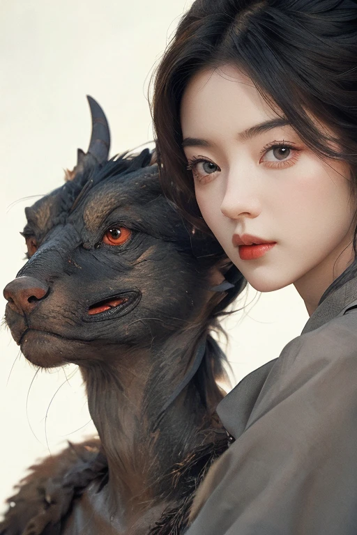 Beautiful woman with red eyes posing for elegant photo with black giant dragon, arpino,Gray Hair,Face to face, Ultra-realistic, Clear images