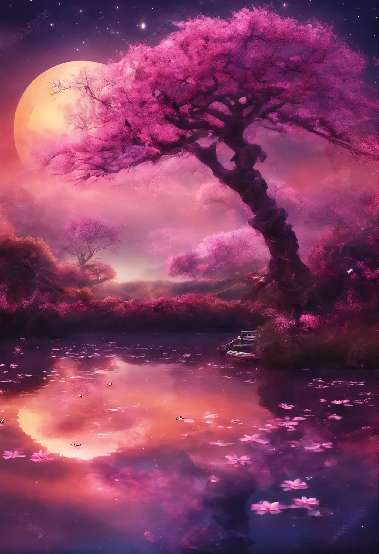 (masterpiece，Real photography，Simple composition：1.5），night，Plum blossom seasons，moonlight over lotus pond，Beautiful artistic conception，Realistic style，Magnificent atmosphere，nimbus，Fantasy