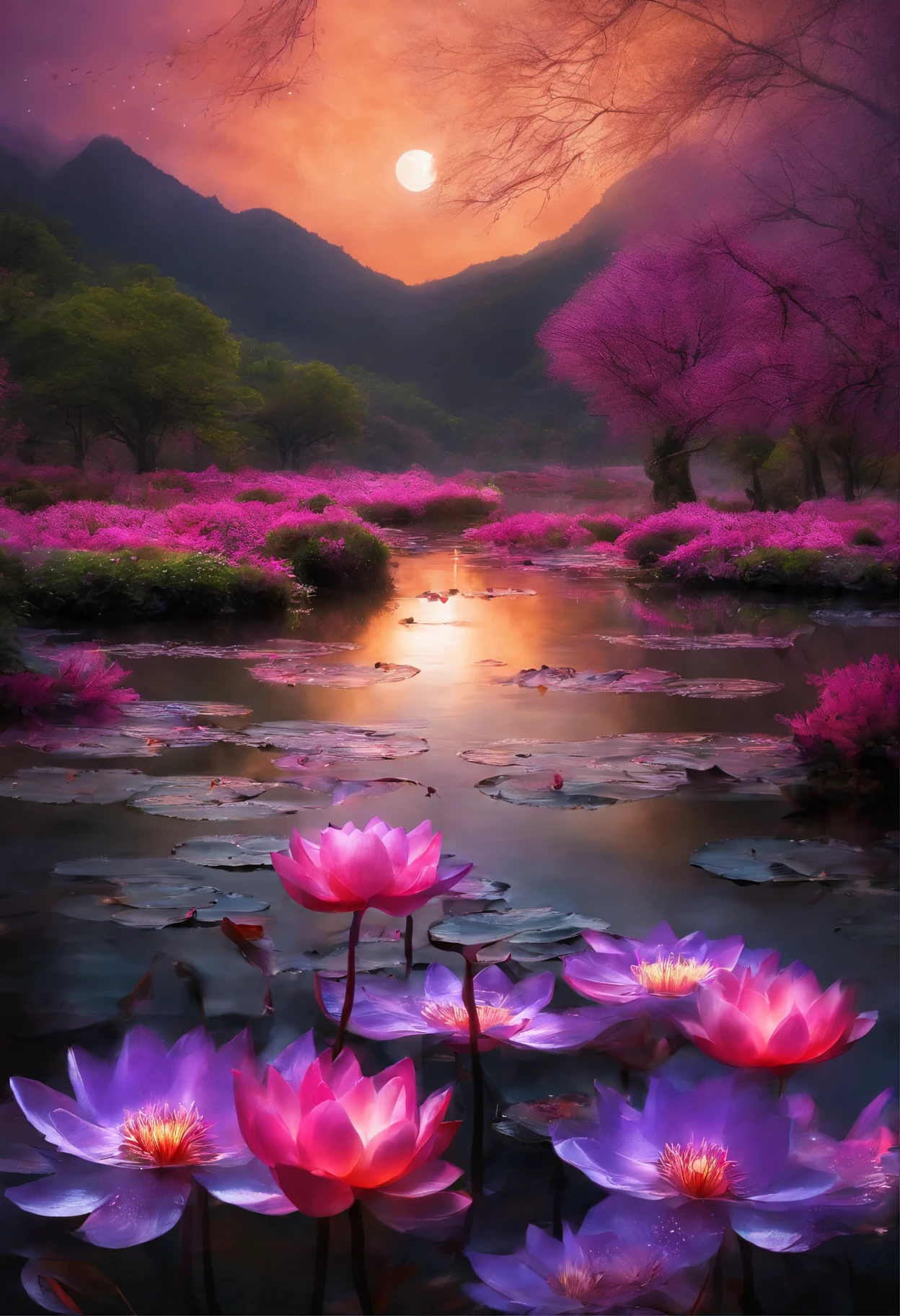 (masterpiece,Real photography,Simple composition:1.5),night,Plum blossom seasons,moonlight over lotus pond,Beautiful artistic conception,Realistic style,Magnificent atmosphere,nimbus,Fantasy