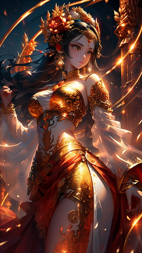 (Absurd, High Resolution, Super Detailed) 1 Goddess, Clad in a Long, Richly Textured Baroque Skirt and Long Sleeves, Radiates an Elegant and Vibrant Aura, Embodying the Solitary and Mature Goddess Aries. Her Upper Body is Captured in Stunning Detail, with Each Line and Curve Sculpted and Etched to Perfection. Her Hair, Bravely Basking in the Golden Rays of the Sunset, Boasts a Capricious and Iridescent Texture, Sparking a Sense of Efficiency and the Enterprising Humanitarian Spirit. Her Fire Eyes,