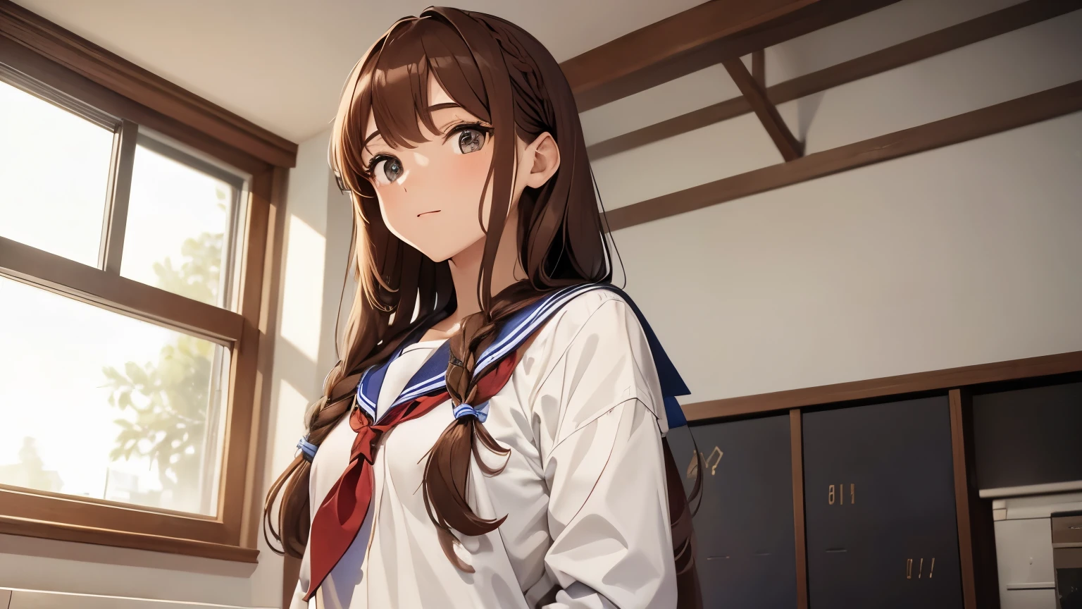 Beauty in a sailor suit Chestnut brown braided long hair Upper Body high school student