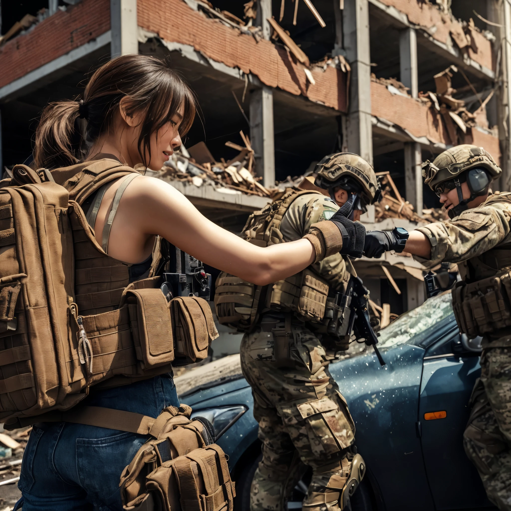 8K, realistic photo, realistic skin texture, Beautiful Japanese women in the US military、Outside the ruins of a giant American supermarket、Operation End、Car buried in rubble、Automatic rifle、Bulletproof vest、Exhaustion、Giving a fist bump to other team members、Rescue the hostage safely、backpack、boots、Covered in scars、Dynamic pose、Innovative composition