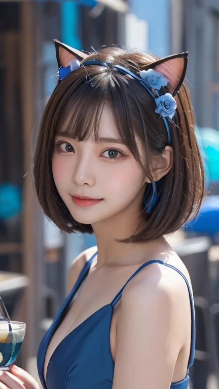 masterpiece, 4K, Bokeh, Beautiful Face, (Multiple Girls:1.4), Harem, (Group photo:1.2), (Cat ear:1.3), (blue medium bob hair:1.4), (Blue Theme:1.6), Looking at the audience, (Blue rose:1.4), (blue cafe background:1.5), (Cowboy Shot:1.4),Wearing a see-through rubber dress、Ash gray hair color