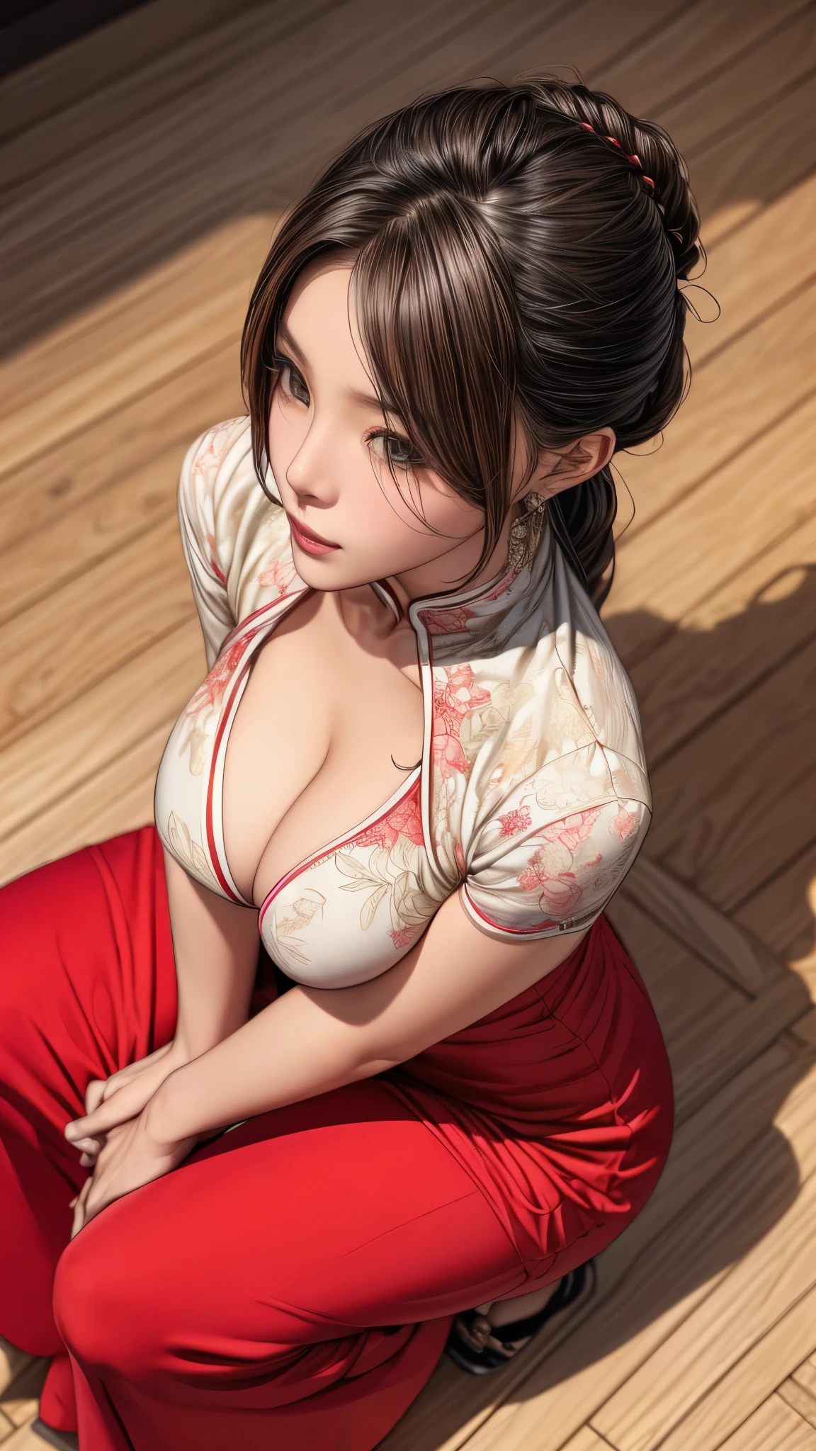 a Chinese woman wearing china dress, highly detailed decorations, (((masterpiece))), ((best quality)), ((intricate detailed)), ((Hyper realistic)), absurd res, milf, mature woman, perspective, highly detailed, illustration,, (large breasts), perfect hands, detailed fingers, beautiful detailed eyes, updo hair, brown eyes,(Chinese dress:1.2), earrings, detailed background, perfect eyes, seductive eyes, squatting in front of viewer,(facing up),(looking at the viewer:1.8),(viewed from above:1.5) ,((Crouching in front of the viewer)) ,floor is white