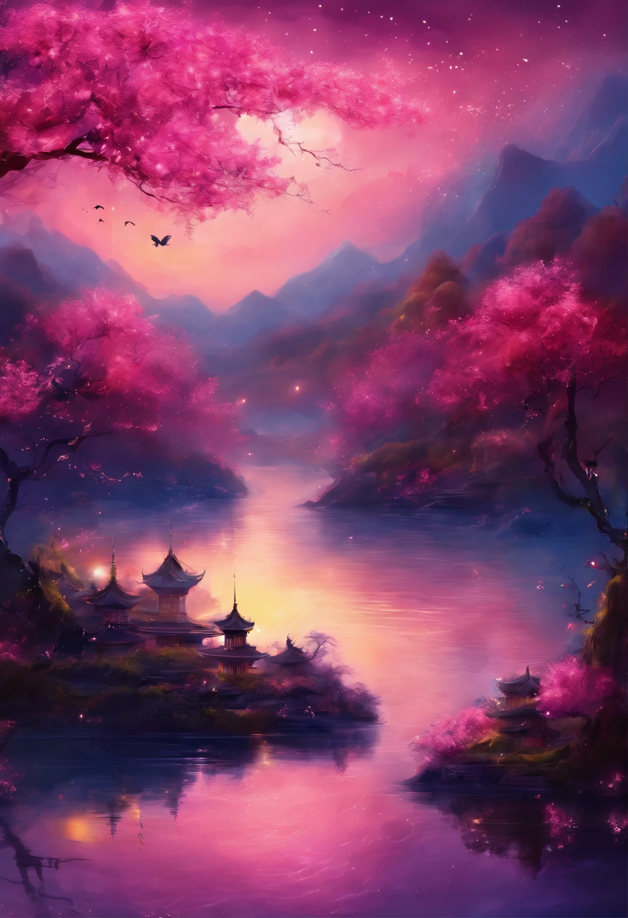 (masterpiece，Real photography，Simple composition：1.5），night，Plum blossom seasons，moonlight over lotus pond，Beautiful artistic conception，Realistic style，Magnificent atmosphere，nimbus，Fantasy