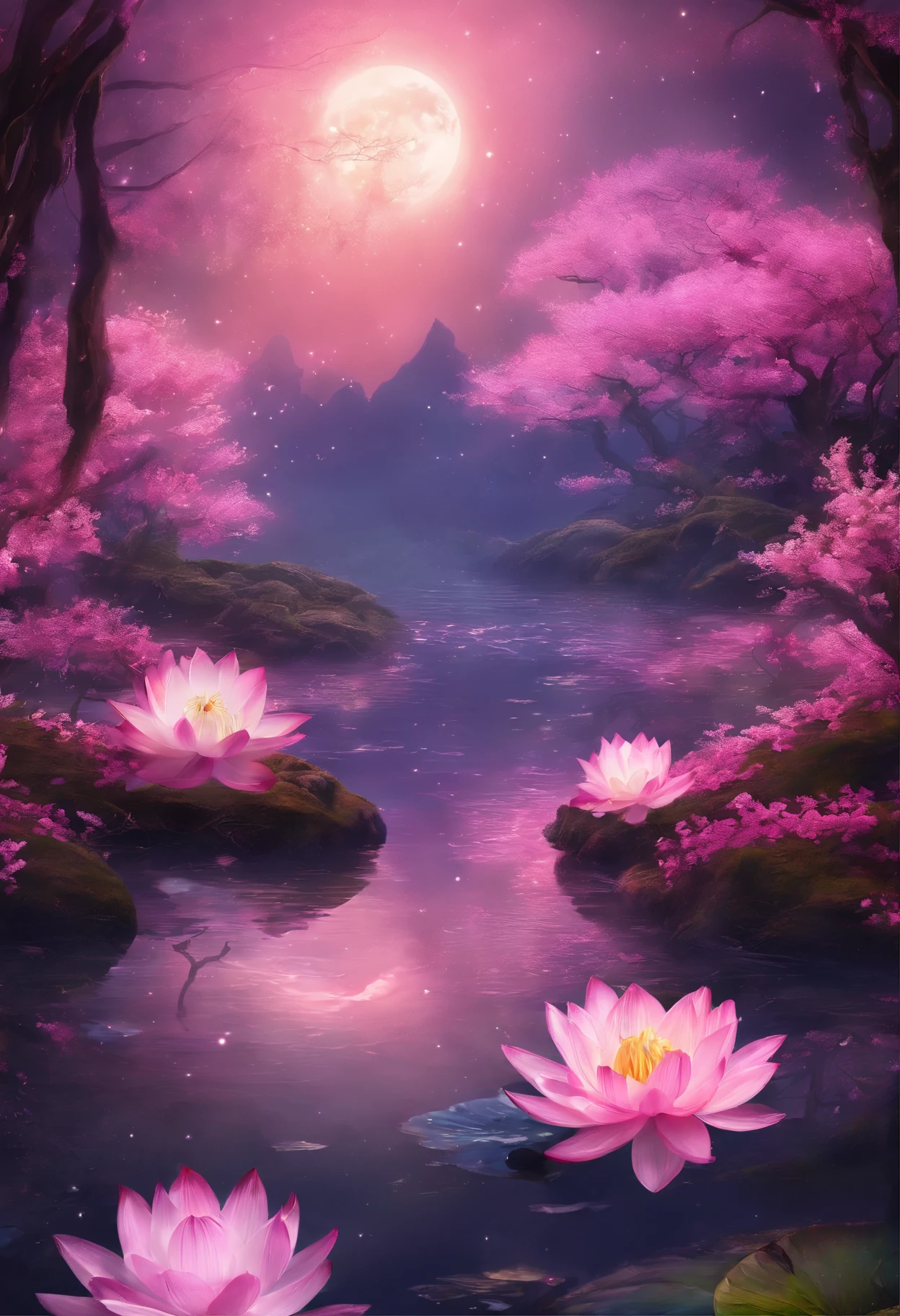 (masterpiece，Real photography，Simple composition：1.5），night，Plum blossom seasons，moonlight over lotus pond，Beautiful artistic conception，Realistic style，Magnificent atmosphere，nimbus，Fantasy