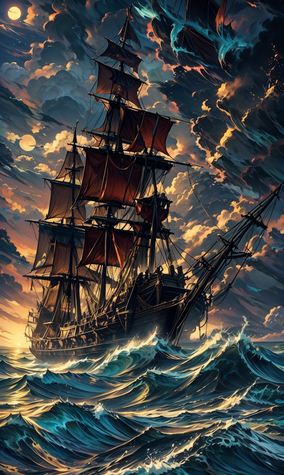there is a Ship that is floating in the ocean at night, a Ship lost in a storm, gothic Ship on ocean, Ship at sea, dramatic nautical scene, Storm at sea, in rough seas with big waves, Shipwreck, old pirate Ship, on a pirate Ship background, The Flying Dutchman, Apocalyptic stormy seas, Stormy seas, Night sea storm, Ship