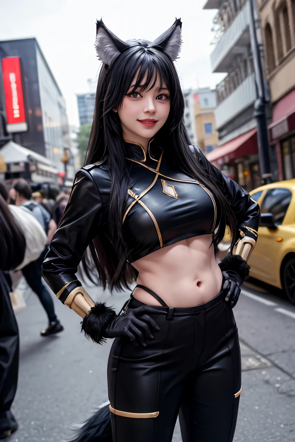 masterpiece, highest quality, delta, Black Hair, Wolf Ears, Black bodysuit,, Gold border, belly button, Black trousers, Black gloves, Fur trim, smile, Put your hands on your hips, View your viewers, City Street, night, tail