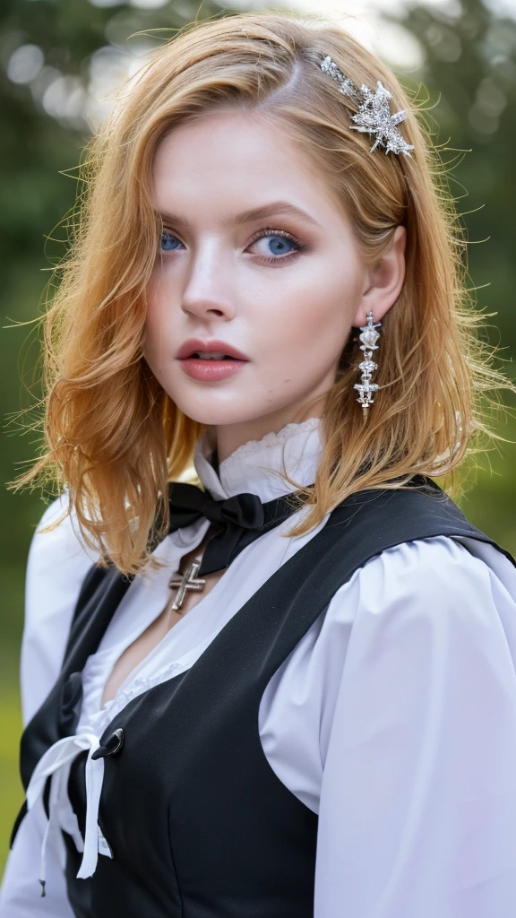 1 miniature Beautiful beautiful woman - Yuan Sayuki, ((top quality, 8K, Masterpiece:1.retty woman, 1 woman, huge breasts:1.3, a slim body:1.1, lush GINGER short hair, (shower, wet body, wet clothes:1.1), very detailed face, detailed lips, detailed eyes, double eyelids, Detailed blue eyes, чрезвычайно Detailed Outstanding Blue Eyes, short GINGER wet hair, GINGER wet hair, Detailed Outstanding Blue Eyes, innocent look at the viewer, very wet wavy white hair, Detailed Outstanding Blue Eyes, huge cross earrings, Outdoors, badges behind, gothic maid uniform,  sexy maid dress, bare chest, huge chest tattoo, detailed huge catholic cross earrings, chest tattoo, Outside, wear a silver cross (Detailed cross shape), reality mode, wet breasts, black necklace, human crowd behind, black latex gloves, hair of white snowy colour, night time, red neon lights, demonic nun, nimbus (golden lighting ring above her head), angel, snowy weather, sexy pose, white lingerie, black maid dress, detailed flower wreath made of different colours, open chest