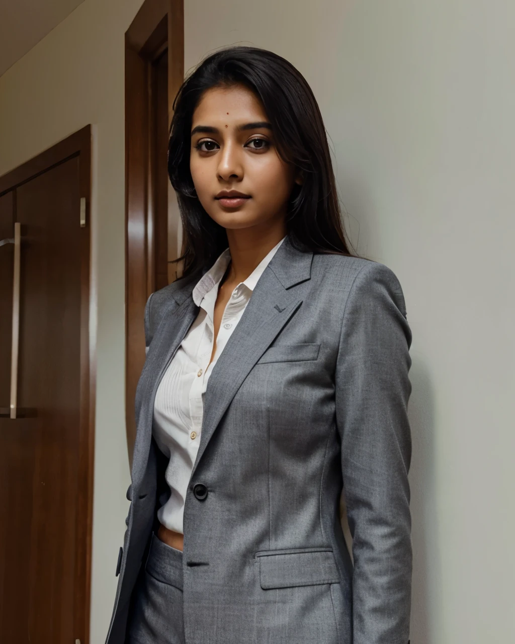Tanvi in a tailored suit. Realistic, best quality image.