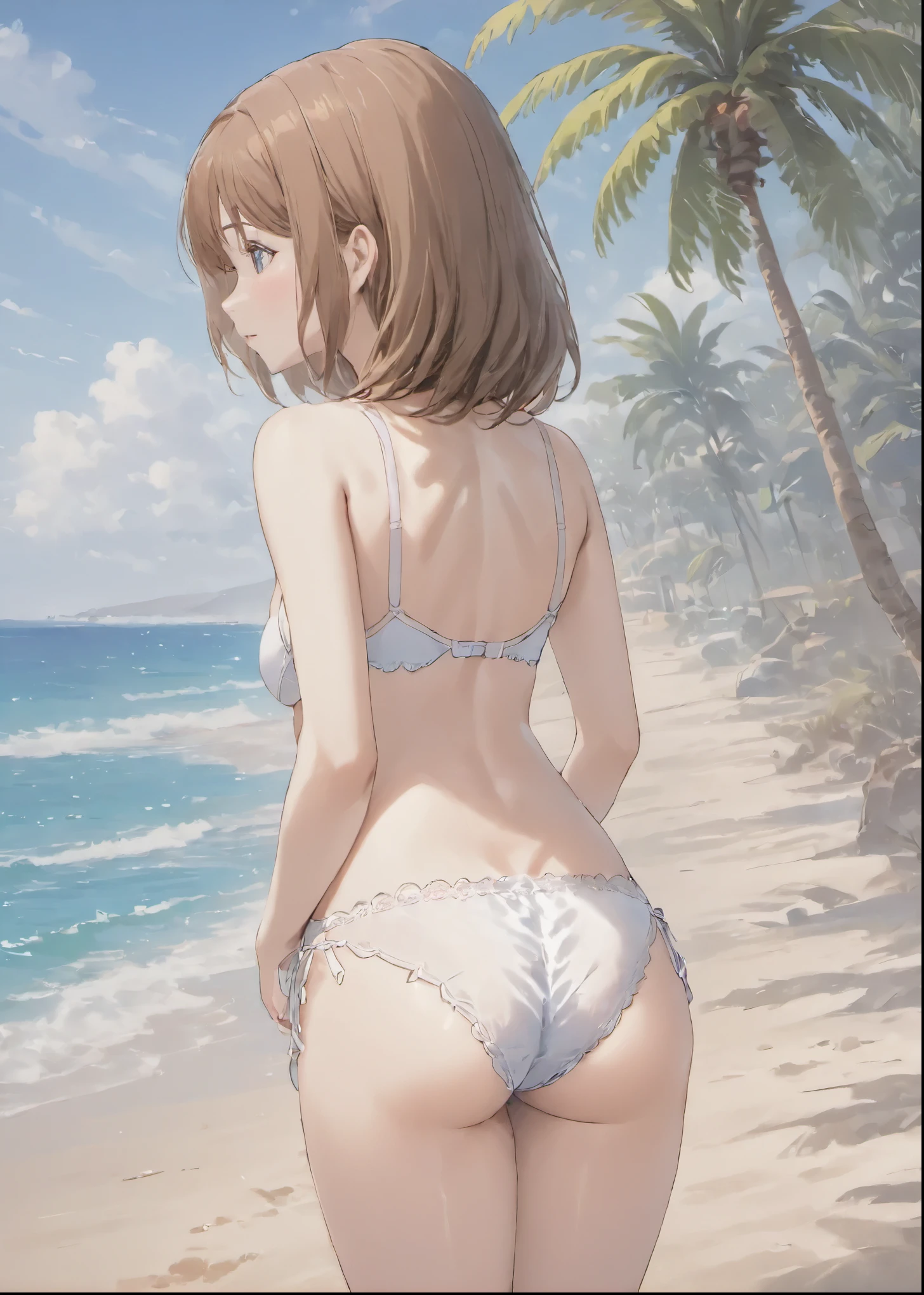 ((photorealistic background:1.5)),((Gravure idol pose:1.5)), (Small breasts:1.1), At the Beach, Palm tree, cute, Little, ergarteners, 5 heads, , (masterpiece, highest quality, 4K:1.2), ((One girl;1.3)), ((alone:1.0)), Beauty, cute, ((Sexy white underwear:1.3)), ((Thin panties:1.3)) , Back view,turn around