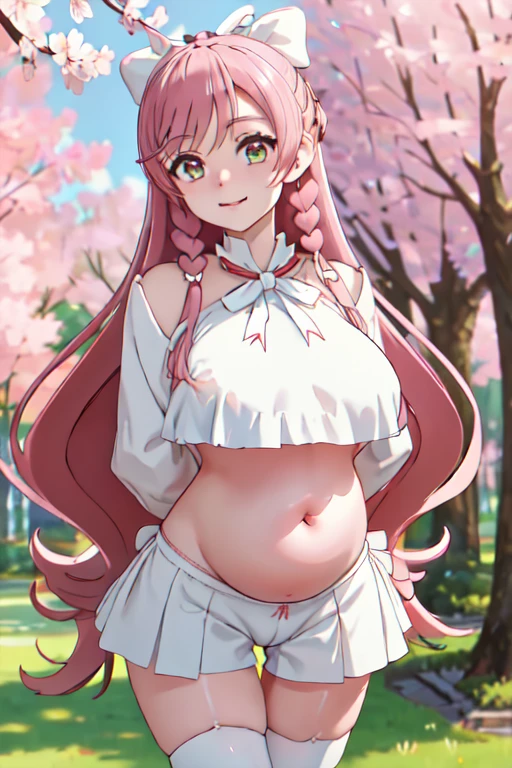 masterpiece, best quality, highres, hairband, long hair, 1girl, solo, white thighhighs,red ribbon, neck ribbon, White Bikini,hot pants, big breasts:1.4, standing, cowboy shot, leaning forward, outdoors, cherry blossoms,Belly button、No socks、Thighs、During pregnancy