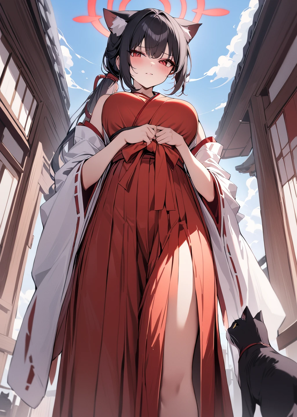 masterpiece,best quality,absurdres,hakama,halo,red eyes,japanese clothes,ponytail,1girl,red hakama,miko,fluff,black hair,animal ears,cat ears,looking at viewer,standing,sky,