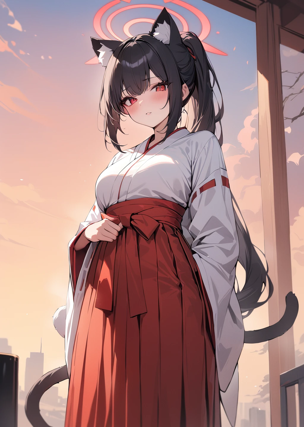 masterpiece,best quality,absurdres,hakama,halo,red eyes,japanese clothes,ponytail,1girl,red hakama,miko,fluff,black hair,animal ears,cat ears,looking at viewer,standing,sky,