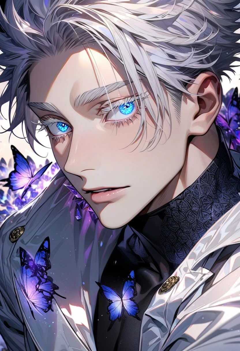 Ultra detailed, Highres, absurdres, HDR, Gojo Satoru, white hair with bangs, expressive blue eyes, hair between the eyes, white eyelashes, black coat with patterns, Jujutsu Kaisen, white shirt, fantasy, glittering purple butterflies, petals, handsome, sexy man, solo, very detailed eyes and face, master piece, toned chest, glittering, purple flowers, sitting, tattoo on his neck