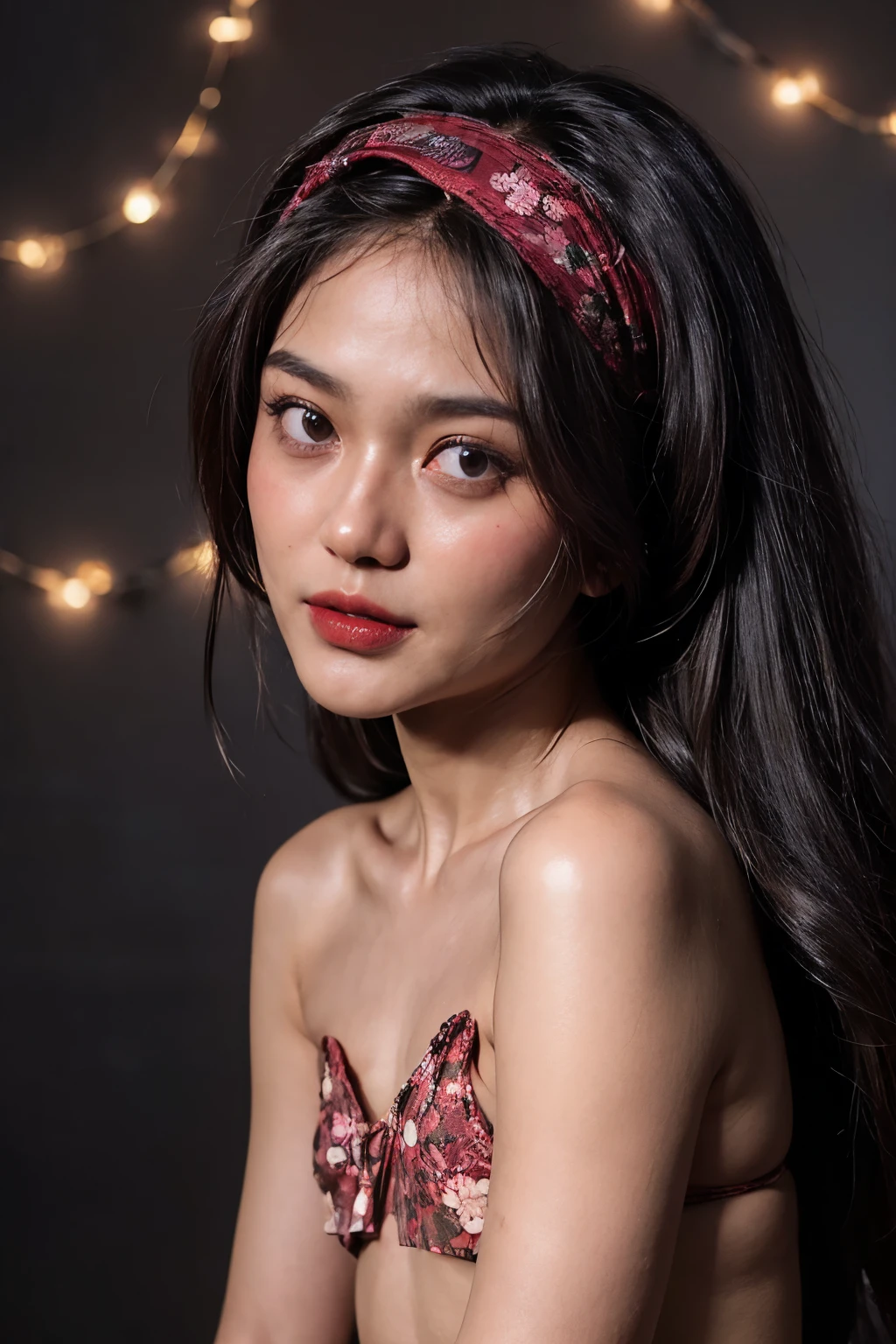((FLAT CHEST:1.8)), ((Lace)), (Happy smile), (((HIJAB MALAY GIRL))), masutepiece, High quality, UHD 32K, Realistic face, Realistic skin feeling , A Japanese Lady, 58 years old matured lady, , Very cute and baby-like face, (((FLAT CHEST))), (Night time at forest), ((look In front at the camera and SADNESS)), (((CUTE GIRL))), ((DARK RED FLUORESCENT LIPS)), ((Floral Pattern)) little wearing strapless bra, strapless colorful bra, dark night background , black forest night, horror scary place, (from behind up) seductive pose