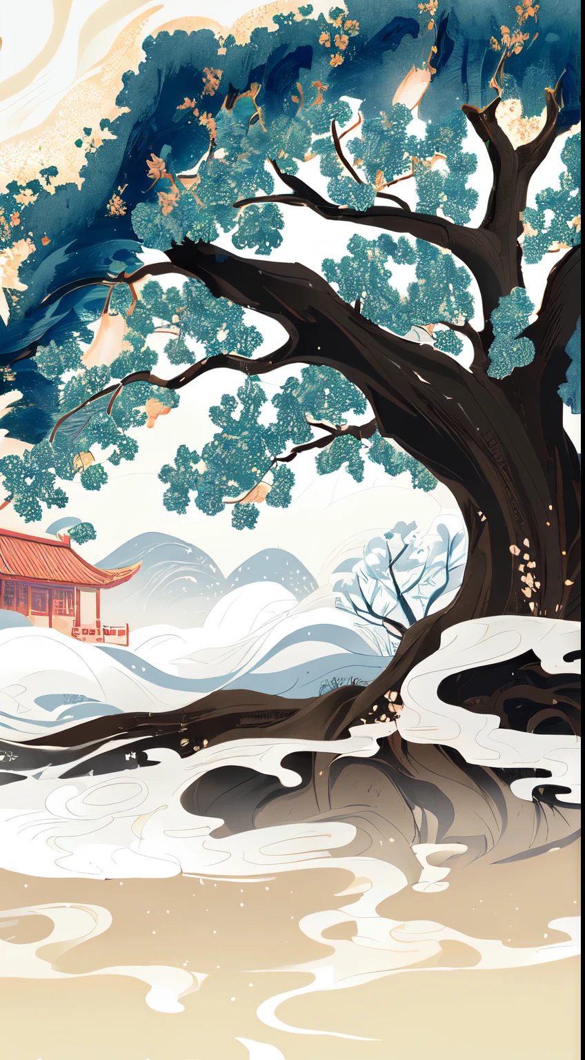 there is a tree that is standing in the snow，There is a house next door, A beautiful artistic illustration, 4k hd wallpaper illustration, Inspired by Eyvind Earle, background technology, inspired by Sōami, environment design illustration, Detailed scenery —width 672, Stylized digital illustration, Chinese style painting, Inspired by Ito Jakuchu, Japanese-style