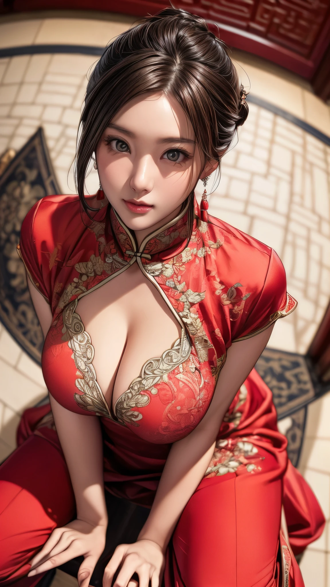 a Chinese woman wearing china dress, highly detailed decorations, (((masterpiece))), ((best quality)), ((intricate detailed)), ((Hyper realistic)),(fisheye lends photo  ), absurd res, milf, mature woman, perspective, highly detailed, illustration,, (large breasts), perfect hands, detailed fingers, beautiful detailed eyes, updo hair, brown eyes,(Chinese dress:1.2), earrings, detailed background, perfect eyes, seductive eyes, squatting in front of viewer,(facing up),(looking at the viewer:1.8),(viewed from above:1.5) ,((Crouching in front of the viewer)) ,floor is white