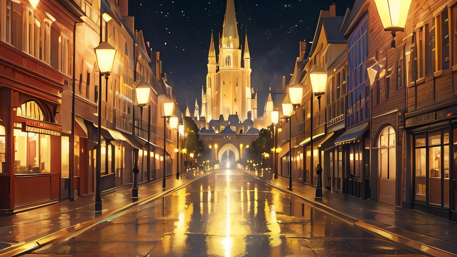 Made from gold bars Medieval castle town shine Light is reflecting dazzling In the heart of the city Main street in the city A big horn2A newborn human Only the silhouette of the back