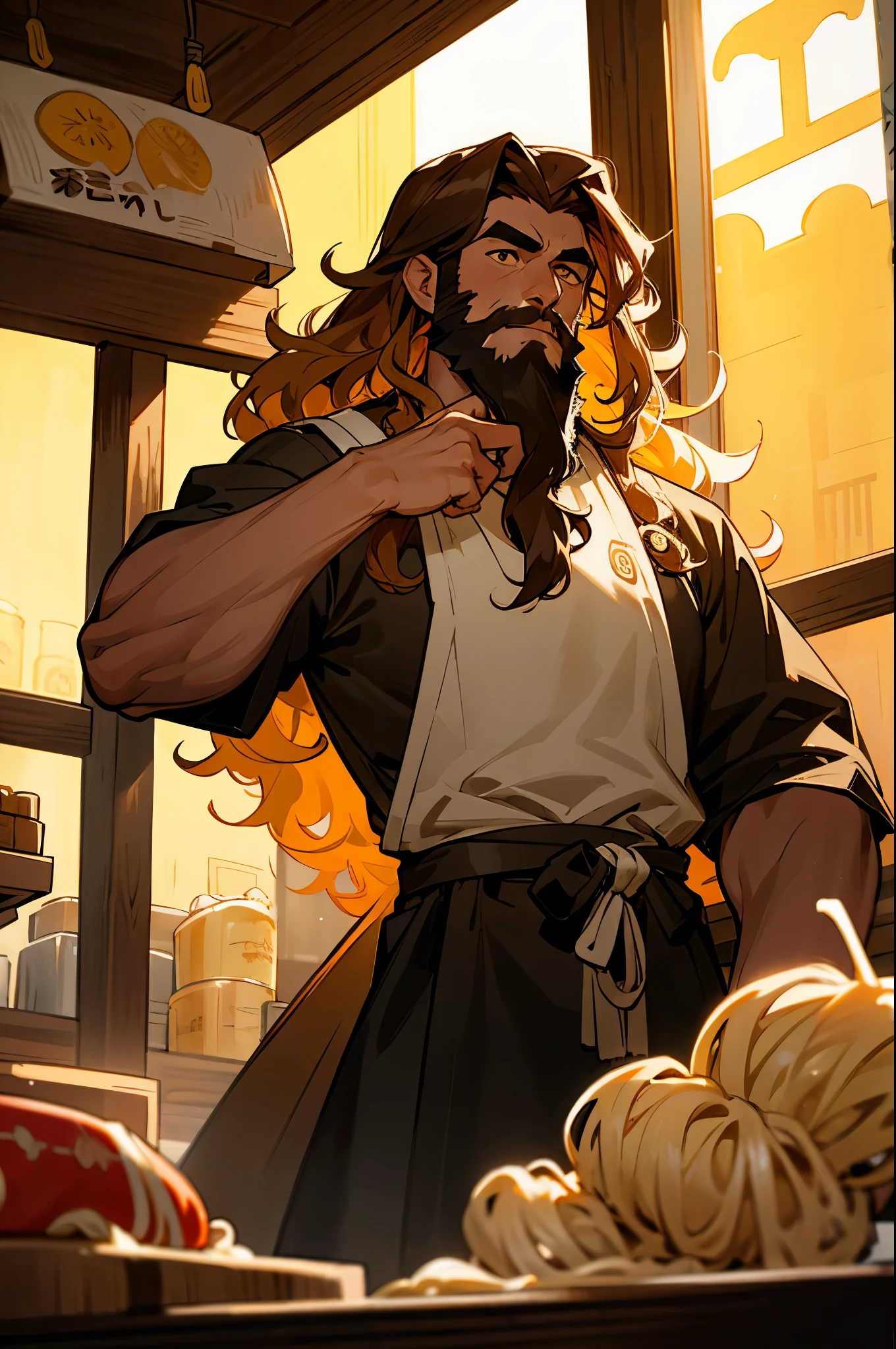 Curly long hair, brown man, beard, yellow, in ramen shop