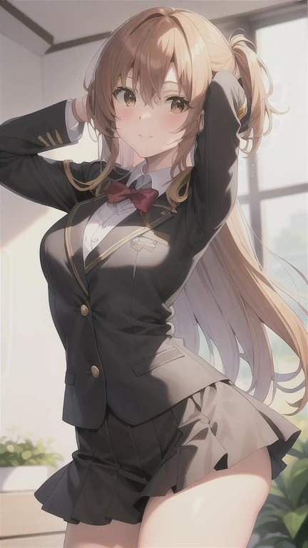 Asuna, asuna_\(Estrella\), 1 chica, (pose sexy:1.4), high resolution,  original, realista,  escenario,  cerca_arriba, arribaper_cuerpo,  sonriente, solo, pelo largo, mirando al espectador, sonrisa, golpes ,ojos detallados, hermoso fondo, manos en el pecho, pelo rubio, Brown eyes, pelo largo, de pie, (full cuerpo:1.5), en la escuela, vista de la escuela, aula, , (Blazer ?????), mini falda, zapatos negros, ropa de colegio, alumno, save section, (uniforme ?????), media alta negra, media negra,