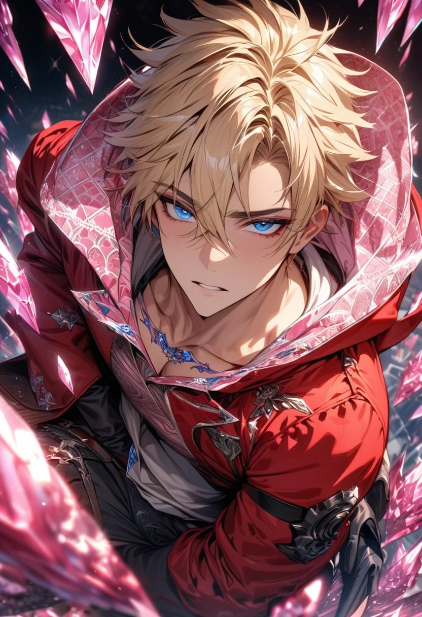 absurdres, highres, ultra detailed, HDR, masterpiece, extremely detailed face and eyes, Vash Stampede, blond hair, expressive blue eyes, Trigun, solo, sexy man, handsome, red jacket with a hood, black gloves, patterns, pink ice trees, pink ice butterflies, pink ice flowers, pink ice fantasy