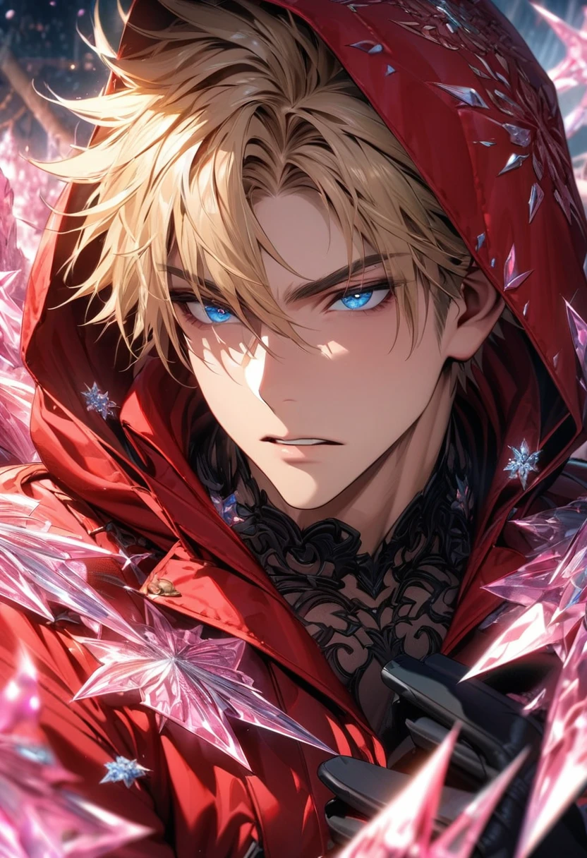 absurdres, highres, ultra detailed, HDR, masterpiece, extremely detailed face and eyes, Vash Stampede, blond hair, expressive blue eyes, Trigun, solo, sexy man, handsome, red jacket with a hood, black gloves, patterns, pink ice trees, pink ice butterflies, pink ice flowers, pink ice fantasy