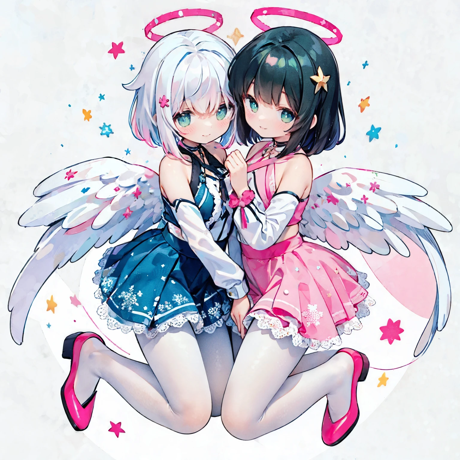 very cute devil and angel、 girl(2 people)、(Breast size according to age)、standing position、full body shot、nipple shape)、not wearing panties、background starry sky、Red Moon、