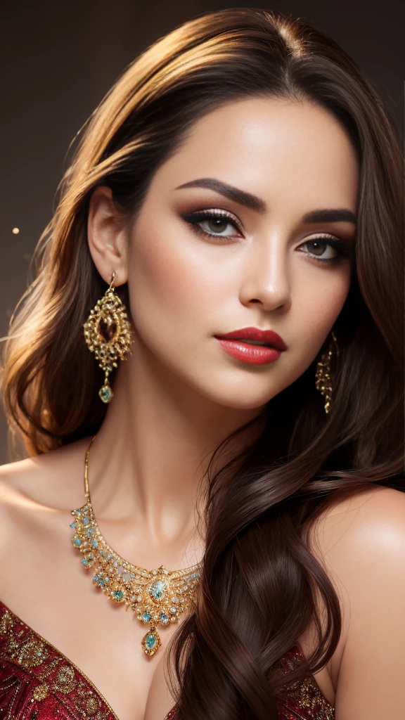 (Masterpiece: 1.3), (8K ultra high resolution), (Best quality), (RAW image with rich color depth), (Captivating: 1.4),
(Large, expressive eyes with long lashes and distinctive pupils), (Exquisitely detailed and expressive face), (Women in their thirties with elegant beauty), (Breathtaking Portrait),
(Straight, glossy hair cascading down to their shoulders), (Scarlet lips and sparkling earrings adorned their features),
(Live-action, practical style with authentic light and shadow effects), (Fair, flawless complexion),
(Sensual pose
