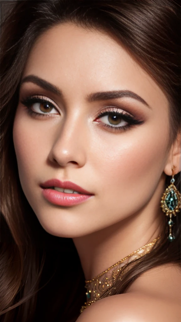 (Masterpiece: 1.3), (8K ultra high resolution), (Best quality), (RAW image with rich color depth), (Captivating: 1.4),
(Large, expressive eyes with long lashes and distinctive pupils), (Exquisitely detailed and expressive face), (Women in their thirties with elegant beauty), (Breathtaking Portrait),
(Straight, glossy hair cascading down to their shoulders), (Scarlet lips and sparkling earrings adorned their features),
(Live-action, practical style with authentic light and shadow effects), (Fair, flawless complexion),
(Sensual pose