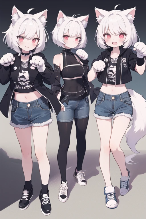 masterpiece,
an extremely Lovely and beautiful girl, Highly detailed beautiful face and red eyes,(Denim shoes:1.2)
Lovely, (Smile:1.2), Colorful hair, Very short hair, Animal ears, Wolf ears,,
colors jacket, Neon Colors, Punk Rock, shorts, punching,
whole body,  Paw pose, (Cat's paw gloves:1.3)