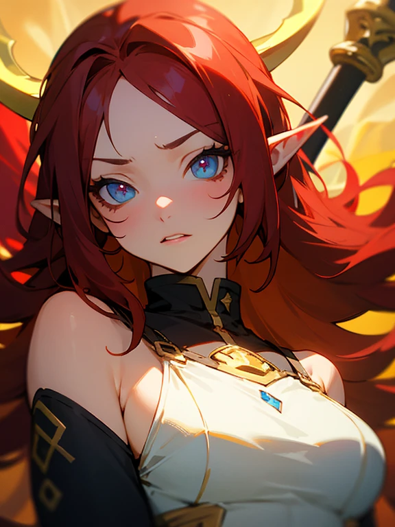 Masterpiece, best quality, expressive eyes, perfect face, 1girl, club (weapon), solo, breasts, golden horns, red hair, weapon, pointy ears 