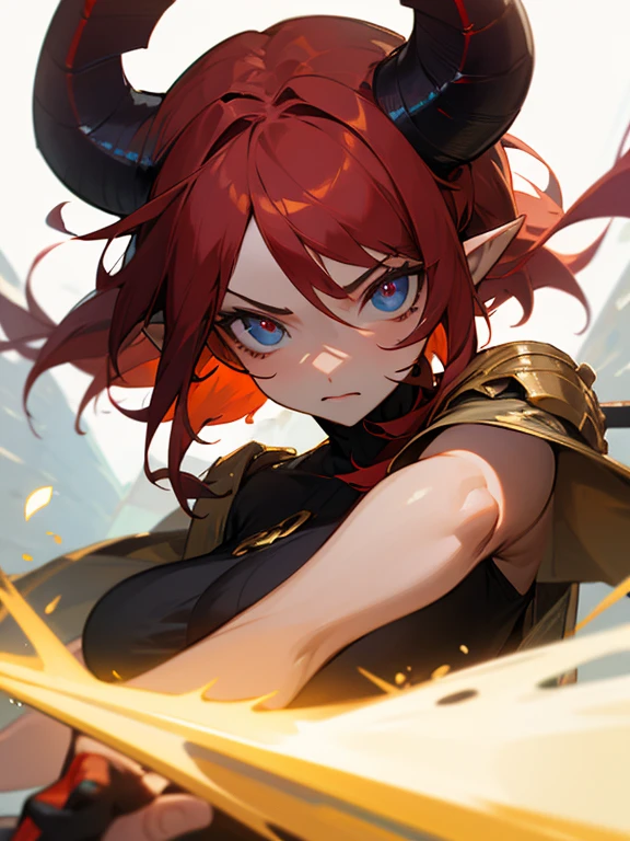 Masterpiece, best quality, expressive eyes, perfect face, 1girl, club (weapon), solo, breasts, golden horns, red hair, weapon, pointy ears 