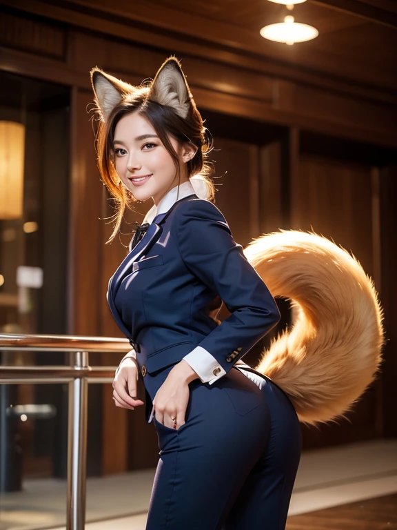 ((highest quality)), ((masterpiece)), (Get used to it), Perfect Face, Fox Girl, Beautiful woman, public, There is a tail, she has a fox tail, She wags her fluffy tail, smile, collar, She wears a business suit, Beautiful hip line, A tail sticking out of tight pants