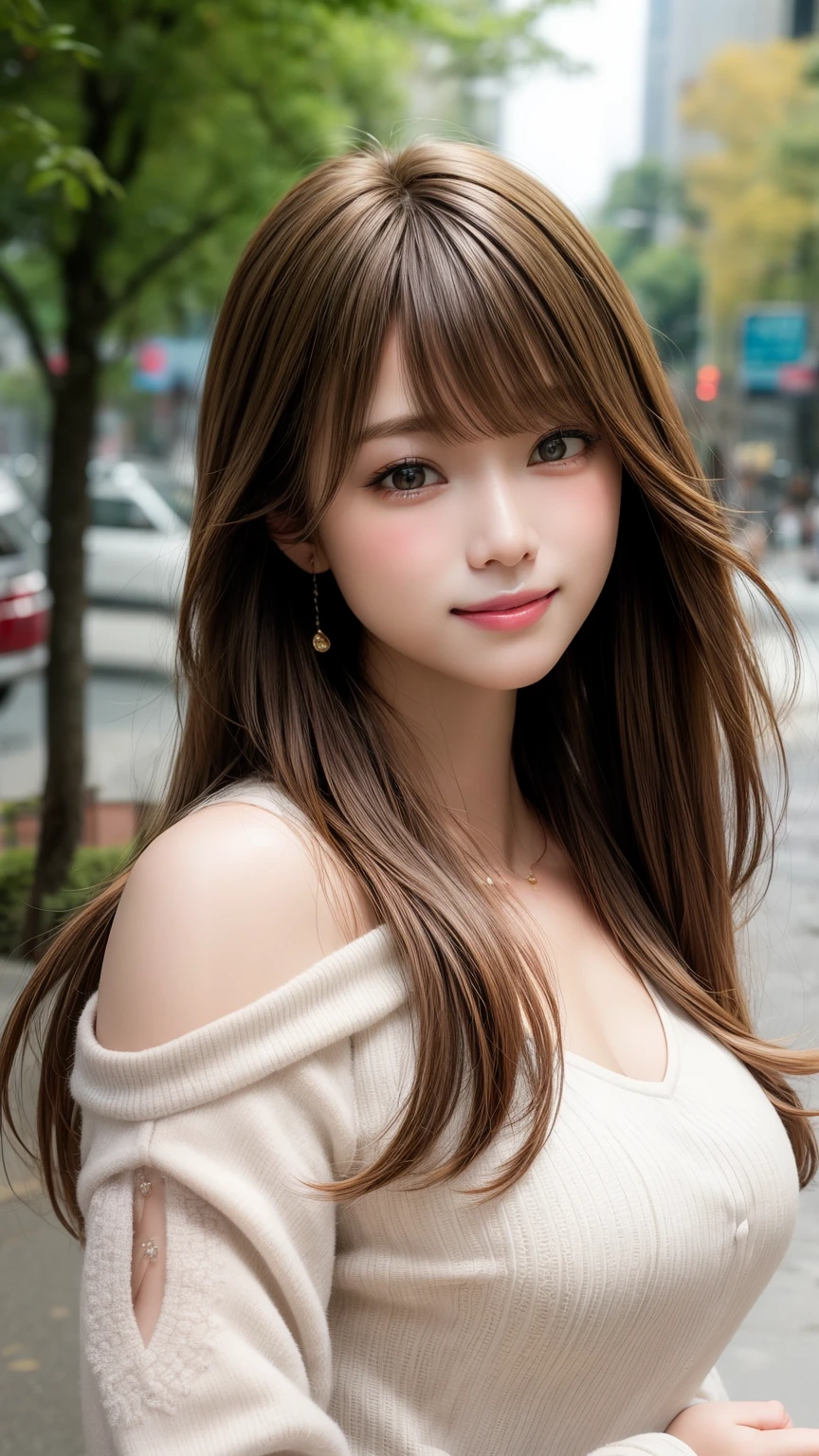 Upper body photo、Take close-up photos of your face、Large Breasts、 Large Breastsの谷間, Natural Lip、Fair skin、Great light、Beautiful lighting、Hair swaying in the wind、((Straight Hair:1.2))、Brown Hair、Blunt bangs、Detailed embroidery、Off-the-shoulder dress、Gorgeous Accessories、Outdoor Background、smile、かわいいsmile、Crowds in the city
